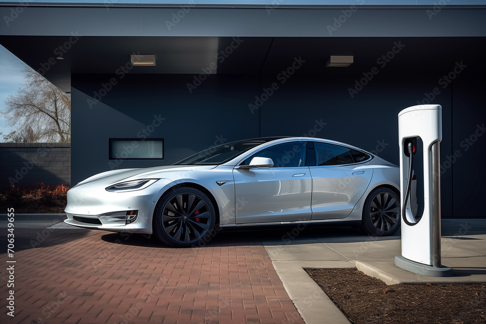 Fototapeta premium Charging Electric Car. Charge an Electric Car. Powered car charging station. Energy Powered Battery Electric Vehicle charging station. EV charging station for electric cars. EV Auto on charge.