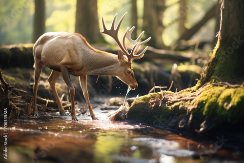 elk beside a forest stream drinking water