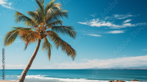 Palm tree on tropical beach with blue sky and white clouds abstract background. Copy space of summer vacation and business travel concept. Vintage tone filter effect color style