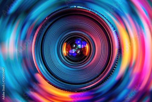A close up of a camera lens with a blurry background.