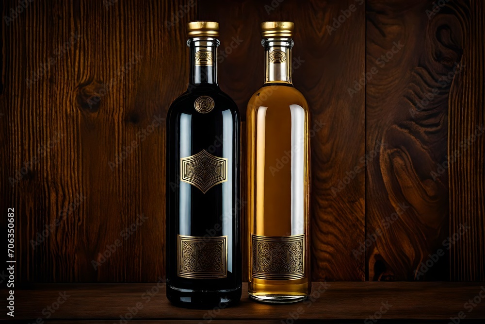 spirit  alcohol bottle template , liquor branding on wooden background