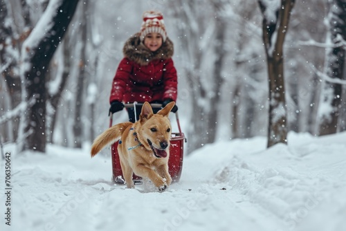 A woman in a red jacket is pulling a dog on a sled. This image can be used to depict winter activities and the bond between humans and animals
