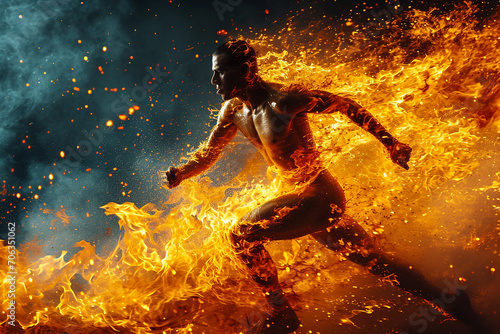 Athletic male figure running on fire, concept of strength, energy photo