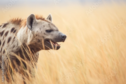 hyena clowder with open mouths in grassland photo