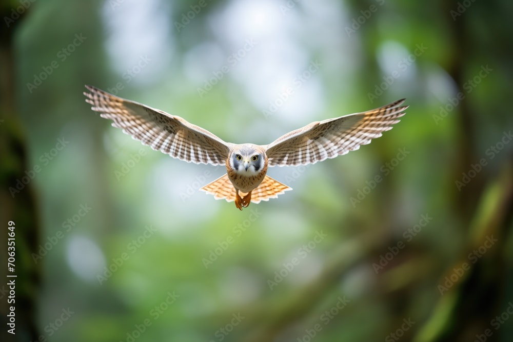 Obraz premium kestrel hovering with forest backdrop