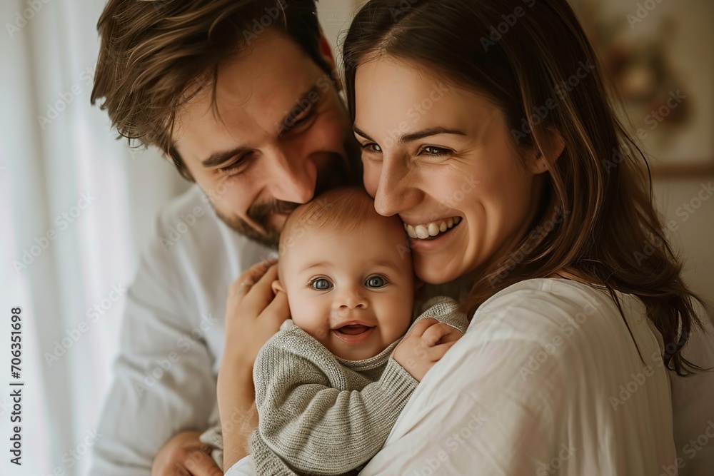 Happy man holding adorable baby near smiling wife Happy man holding adorable baby near smiling wife