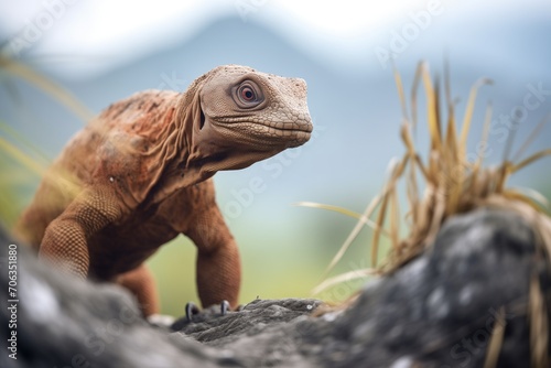 komodo dragon climbing rocky terrain