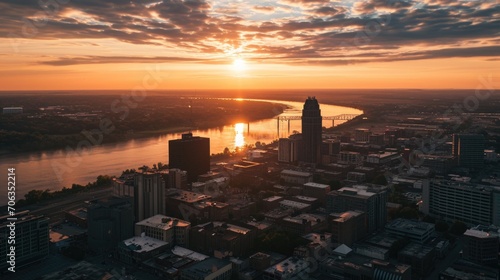 A stunning image of the sun setting over a city skyline with a river. Perfect for various projects and designs