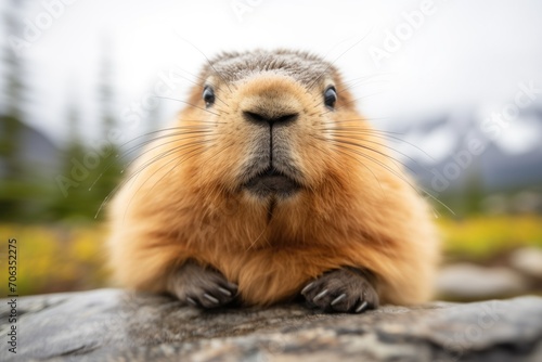 marmot with puffed cheeks during call © Natalia