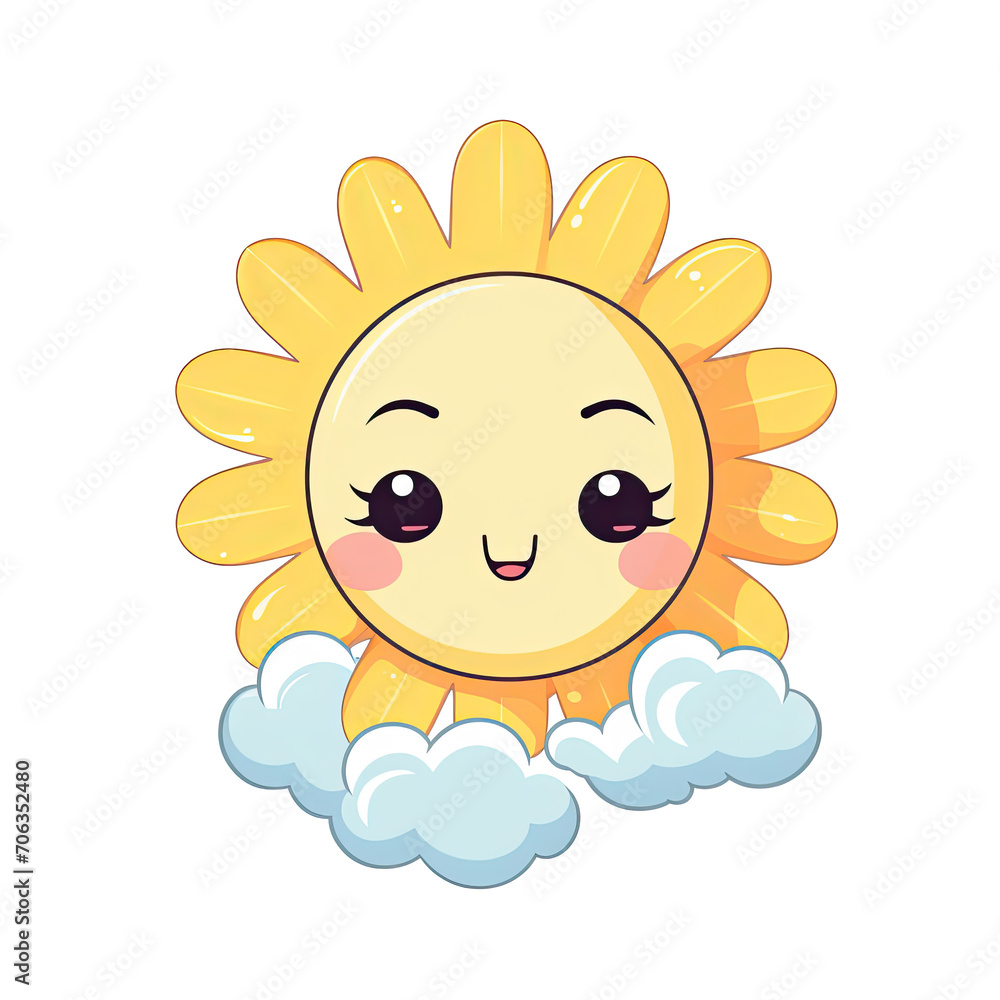 The yellow kawaii sun is a flower with bright big eyes. Cartoon illustration on a transparent background.