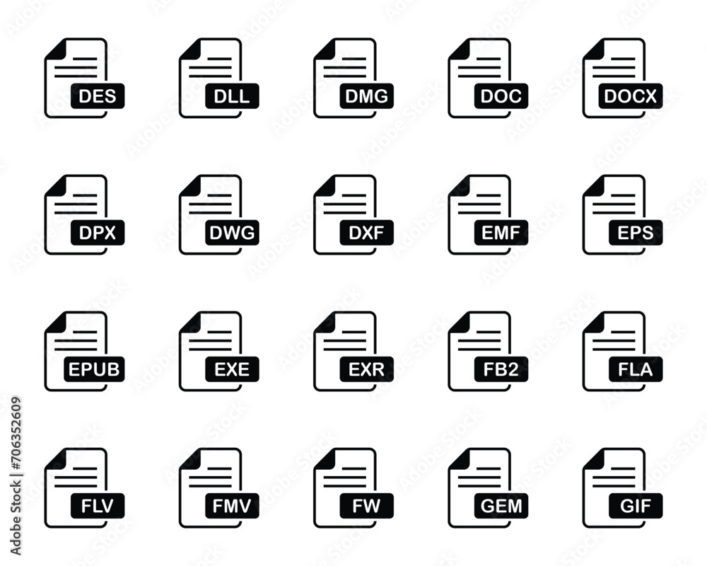 Glyph icons set for File format. Glyph icons set for File format.