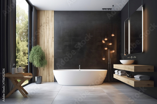 Design of a modern bathroom interior  shower cabin with toilet  sink in dark colors.