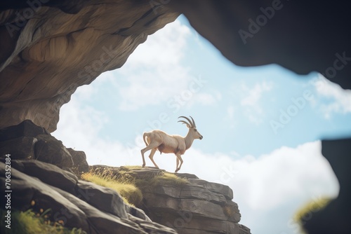 goat navigating a natural rock arch on a ridge