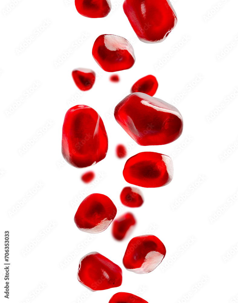 Pomegranate seeds fall in space. Surround back light. Isolated on white. Pomegranate seeds fall in space. Surround back light. Isolated on white.