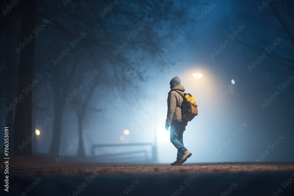 silhouette of a person walking in fog at night silhouette of a person walking in fog at night