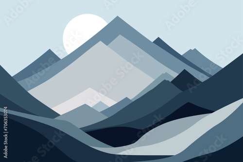 Cold mountains flat illustration. Abstract simple landscape. Blue and gray hills. Abstract shapes. Vector design art