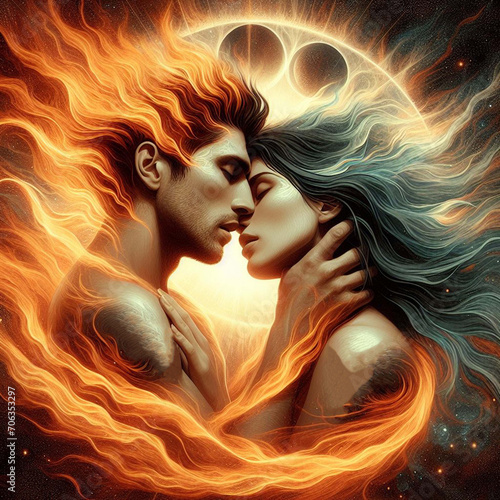 Twin flame couple. Soulmates. The concept of magical, esoteric, tantric, spiritual love. Connection between souls. Illustration for websites and much more. Created using generative ai tools.