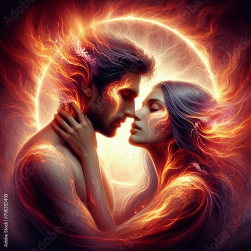 Twin flame couple. Soulmates. The concept of magical, esoteric, tantric, spiritual love. Connection between souls. Illustration for websites and much more. Created using generative ai tools.