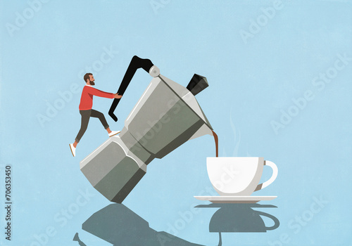 Man with large Moka pot pouring cup of coffee
