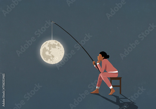 Woman in pajamas with full moon on fishing pole, suffering insomnia
 photo