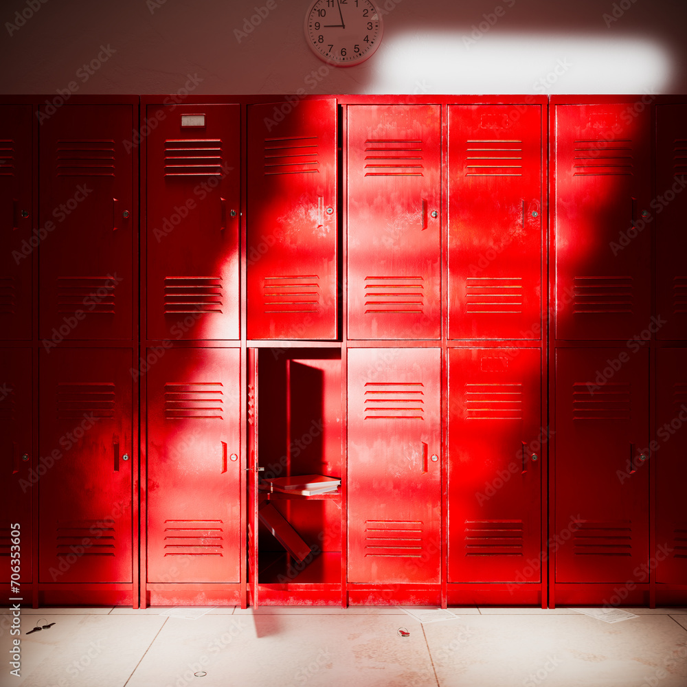 Empty Open Red School Locker with Metal Shelves in Hallway