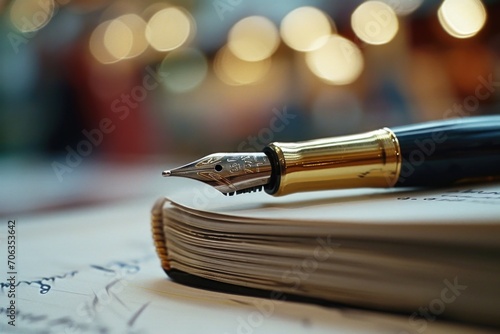 A classic fountain pen resting on a piece of paper. Suitable for writing, calligraphy, or office-related designs photo