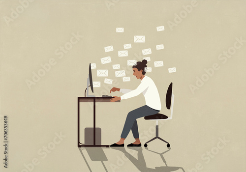 Businesswoman sending emails at computer at office desk
 photo