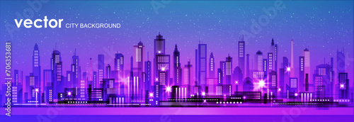 Urban vector cityscape at night. Skyline city silhouettes. City background with architecture, skyscrapers, megapolis, buildings, downtown. © dahabians