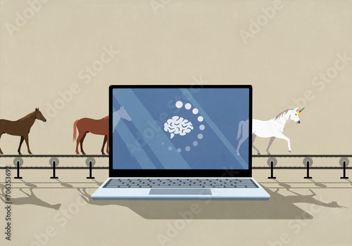 Horses becoming unicorns on treadmill behind buffering brain on laptop screen
 photo
