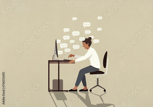 Woman chatting online, working at computer on office desk
 photo