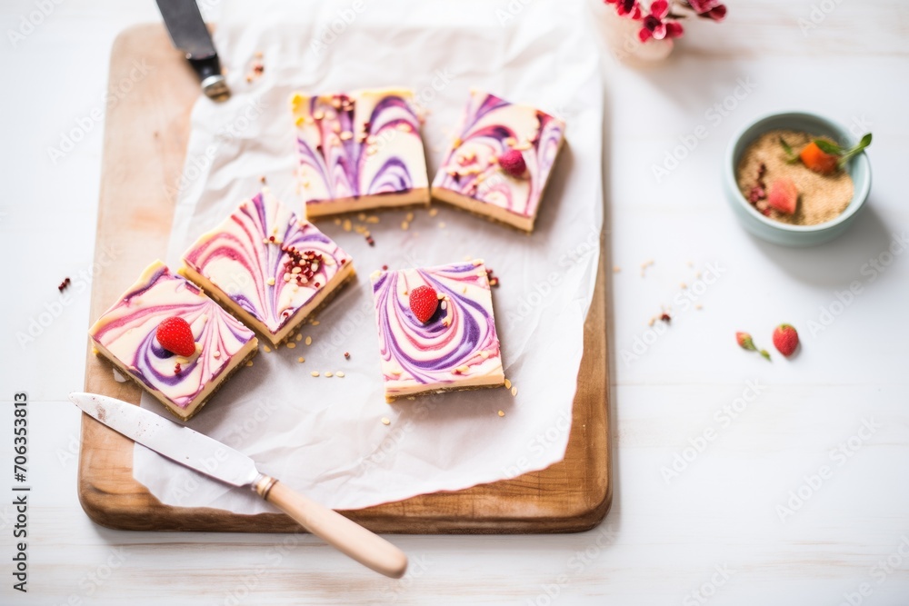 raw vegan cheesecake bars with a berry swirl on parchment paper