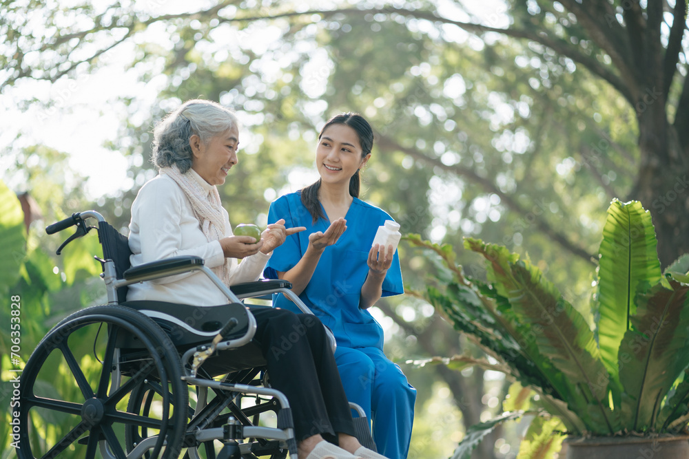 female therapist gives medication advice to an elderly patient. female therapist gives medication advice to an elderly patient.
