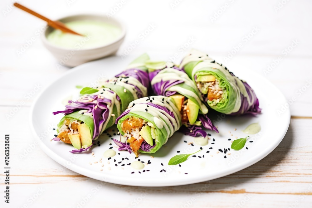 avocado and purple cabbage wraps with a tahini drizzle on white plate