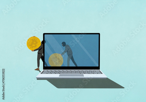 Cyber thieves stealing Bitcoin on laptop screen
 photo