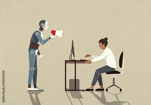Robot with megaphone yelling at businesswoman working at computer
 photo
