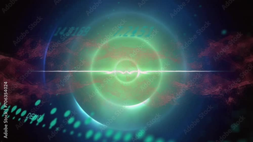 Animation of data processing over dna strand and light trails and circles on black background Animation of data processing over dna strand and light trails and circles on black background
