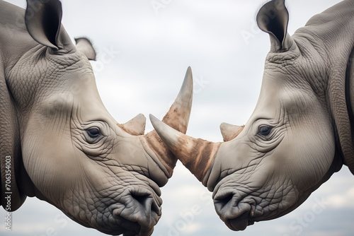 two rhinos locking horns in mild confrontation