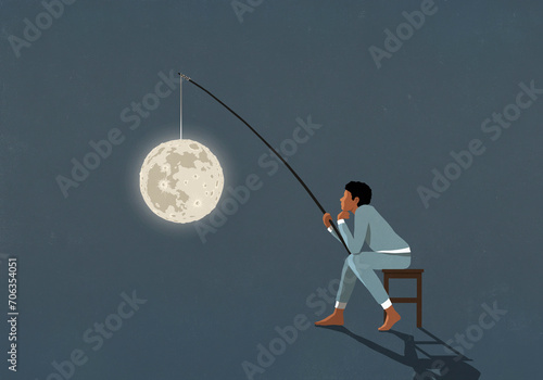 Man in pajamas with full moon on fishing rod at night
 photo