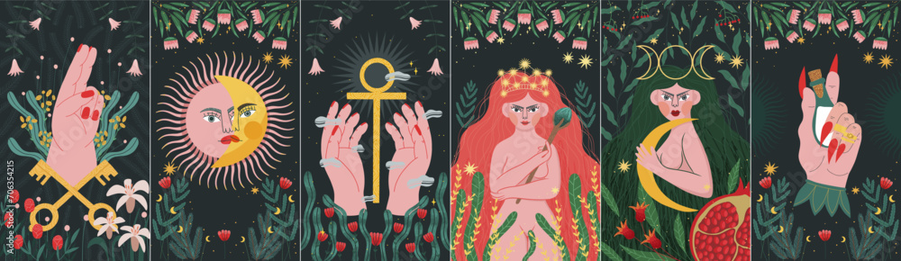 modern deck of tarot cards. prediction or fortune telling of the future and fate, mystical characters. printing on clothes or fabric modern deck of tarot cards. prediction or fortune telling of the future and fate, mystical characters. printing on clothes or fabric