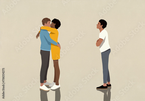 Angry, jealous man watching couple hugging and kissing
