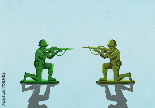 Toy soldiers with rifles face to face on blue background
 photo