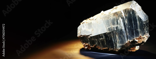 Albite is a rare precious natural stone on a black background. AI generated. Header banner mockup with space. photo