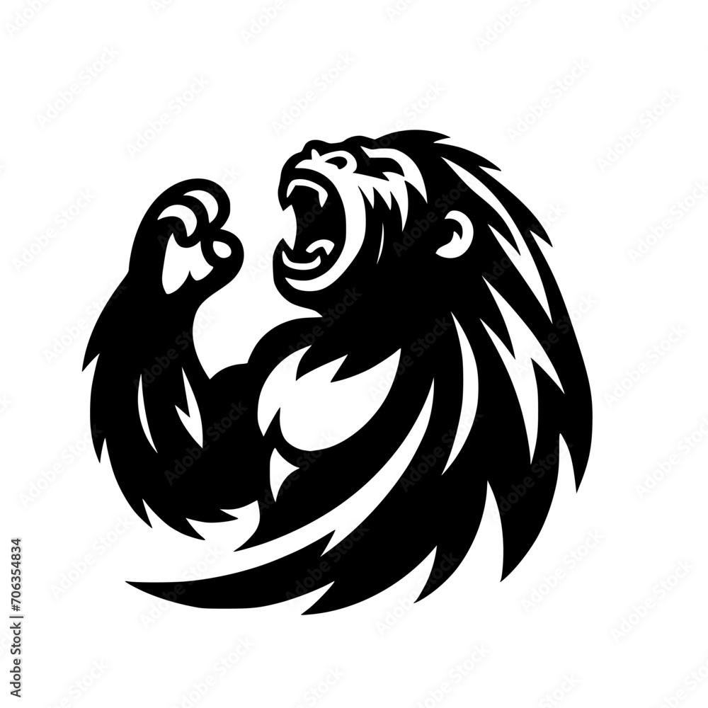 Obraz premium Vector logo of a raging gorilla. Professional logo of a chimpanzee. Black and white logo of an ape isolated on a white background.