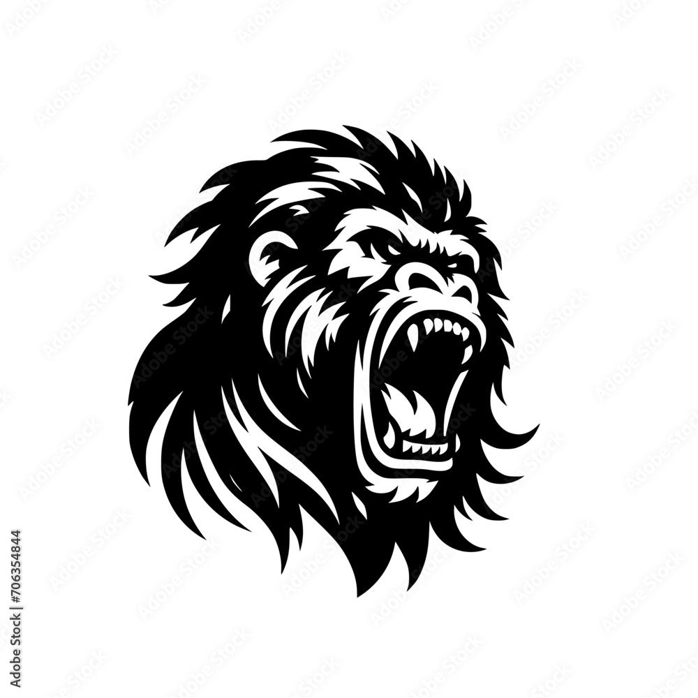 Fototapeta premium Vector logo of a raging gorilla. Professional logo of a chimpanzee. Black and white logo of an ape isolated on a white background.