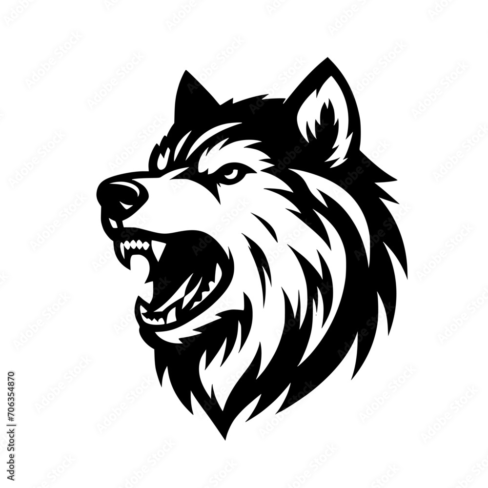 Vector logo of a mad dog. black and white logo of canine roaring. professional illustration for pet shop.
