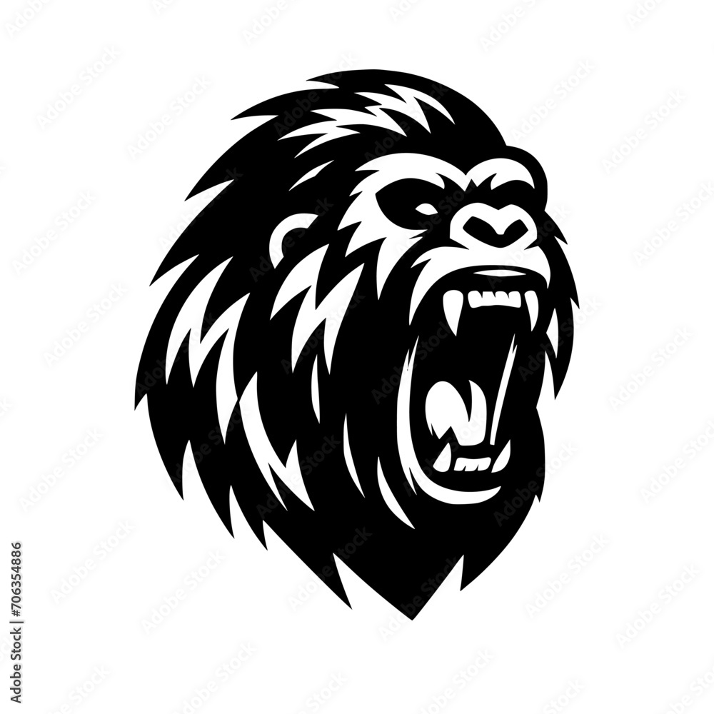 Vector logo of a raging gorilla. Professional logo of a chimpanzee. Black and white logo of an ape isolated on a white background.