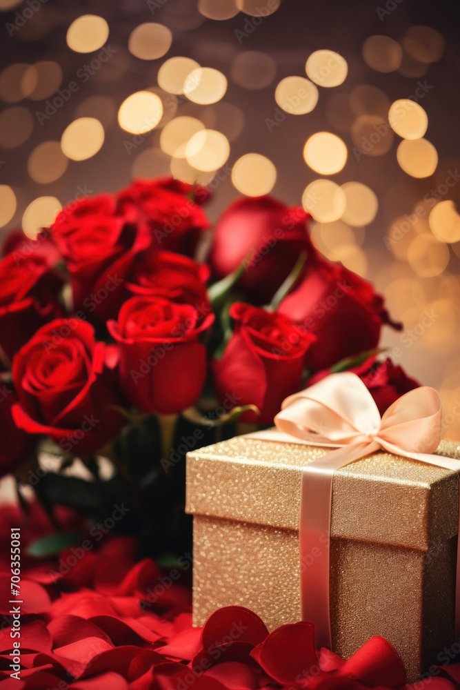 A romantic gift box with a bow, surrounded by a beautiful bouquet, ideal for love-themed celebrations. A romantic gift box with a bow, surrounded by a beautiful bouquet, ideal for love-themed celebrations.