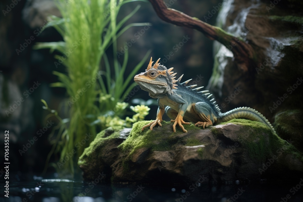water dragon perched on a rock, lush greenery around water dragon perched on a rock, lush greenery around