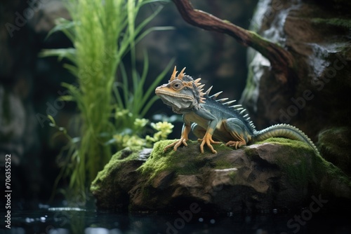 water dragon perched on a rock, lush greenery around