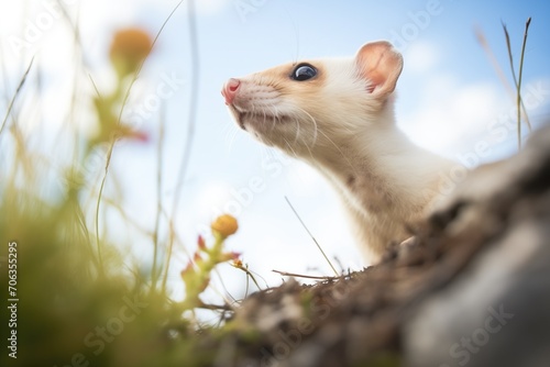 low angle view of weasel poised at burrow top